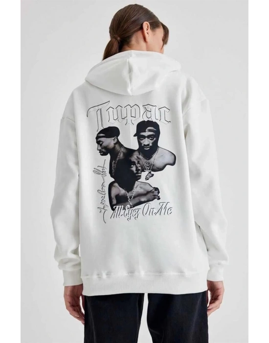 Kadın Oversize Kapüşonlu Cepli TUPAC Baskılı 3 İplik Pamuklu Hoodie Sweatshirt - Beyaz