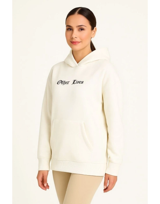 Kadın Oversize Kapüşonlu Kanguru Cepli Baskılı 3 İplik Pamuklu Sweatshirt Hoodie -   Beyaz