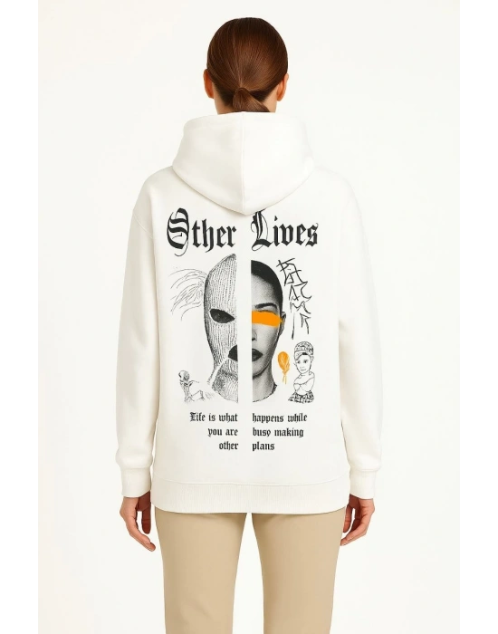 Kadın Oversize Kapüşonlu Kanguru Cepli Baskılı 3 İplik Pamuklu Sweatshirt Hoodie -   Beyaz
