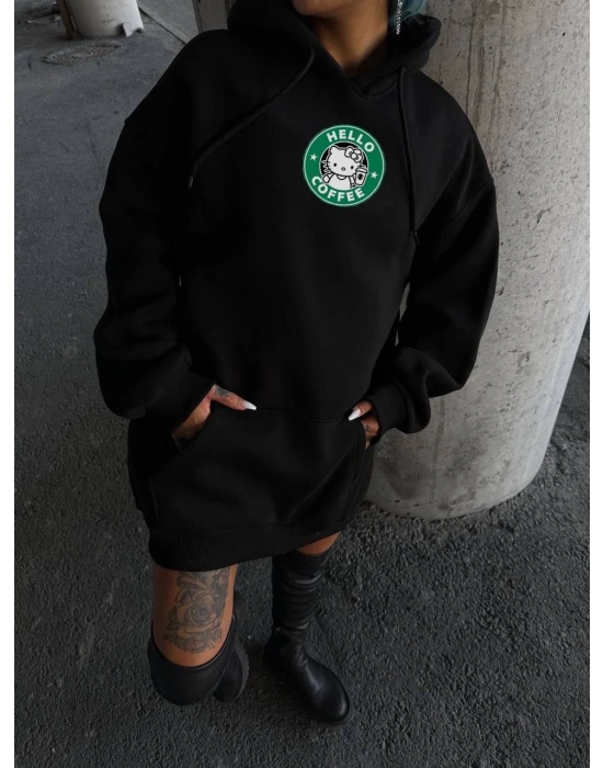 Kadın Oversize Kapüşonlu Kanguru Cepli Baskılı 3 İplik Pamuklu Sweatshirt Hoodie -   Siyah