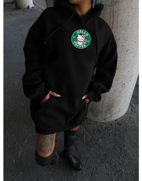 Kadın Oversize Kapüşonlu Kanguru Cepli Baskılı 3 İplik Pamuklu Sweatshirt Hoodie -   Siyah