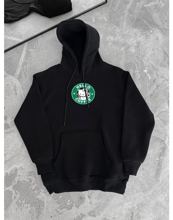 Kadın Oversize Kapüşonlu Kanguru Cepli Baskılı 3 İplik Pamuklu Sweatshirt Hoodie -   Siyah