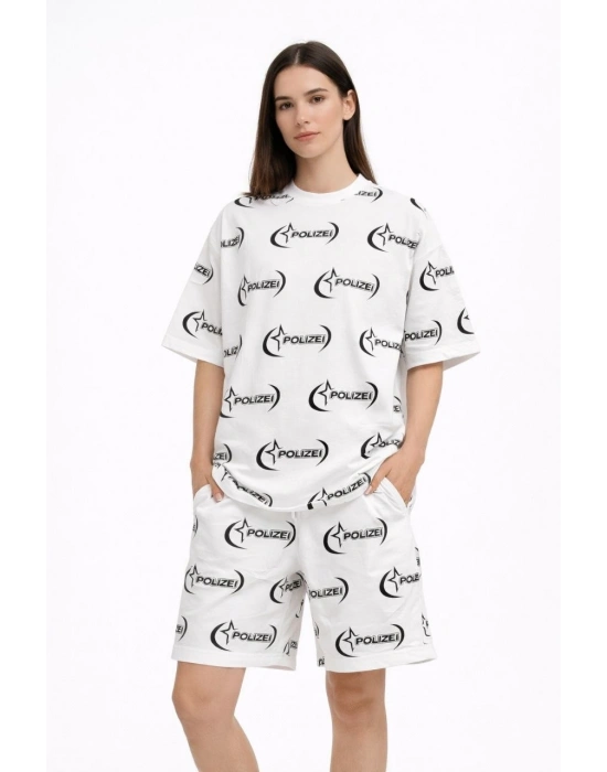 Kadın Oversize Ön ve Arka Baskılı Tişört Şort ikili Takım Kombin - Beyaz