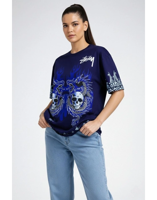 Kadın Oversize Tişört Dragon & Kuru Kafa Baskılı Bisiklet Yaka T-Shirt - Lacivert