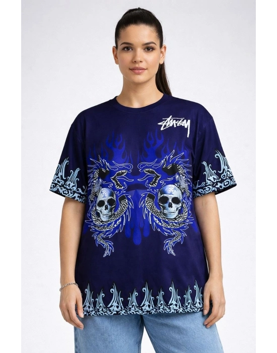 Kadın Oversize Tişört Dragon & Kuru Kafa Baskılı Bisiklet Yaka T-Shirt - Lacivert