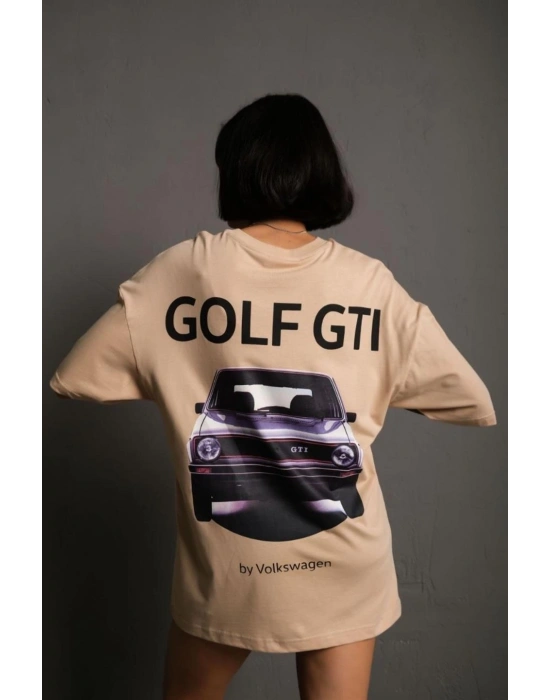 Kadın Oversize Tişört Golf GTI Retro Araba Baskılı T-shirt - Bej