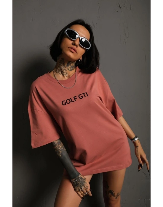 Kadın Oversize Tişört Golf GTI Retro Araba Baskılı T-shirt  - Gül Kurusu