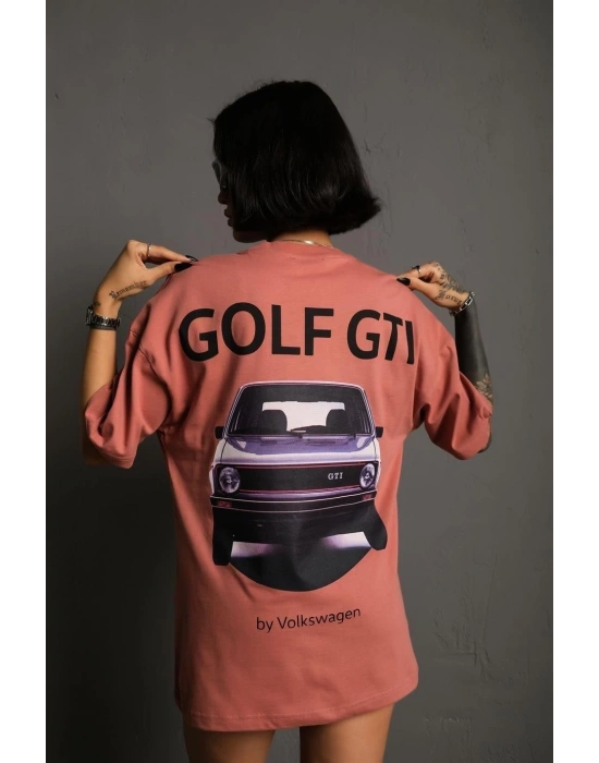Kadın Oversize Tişört Golf GTI Retro Araba Baskılı T-shirt  - Gül Kurusu