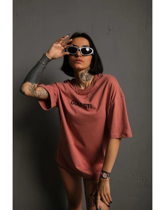 Kadın Oversize Tişört Golf GTI Retro Araba Baskılı T-shirt  - Gül Kurusu