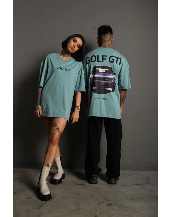Kadın Oversize Tişört Golf GTI Retro Araba Baskılı T-shirt- Mint Yeşili
