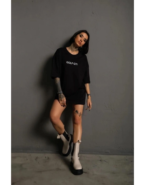 Kadın Oversize Tişört Golf GTI Retro Araba Baskılı T-shirt- Siyah