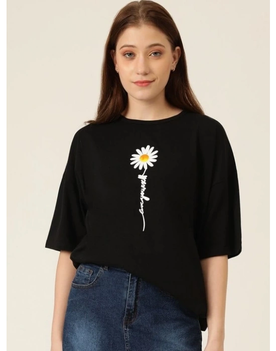 Kadın Papatya Baskılı T-Shirt Kısa Kol Bisiklet Yaka Oversize  Tişört - Siyah