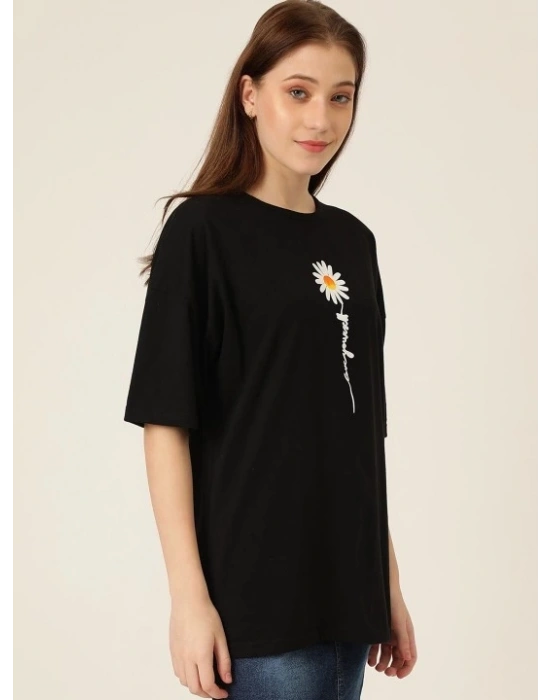 Kadın Papatya Baskılı T-Shirt Kısa Kol Bisiklet Yaka Oversize  Tişört - Siyah