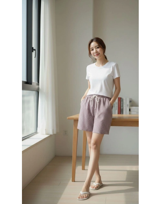 Kadın Pötikareli Şort Beli Lastikli Bağcıklı Cepli Kesim Şort - Gül Kurusu