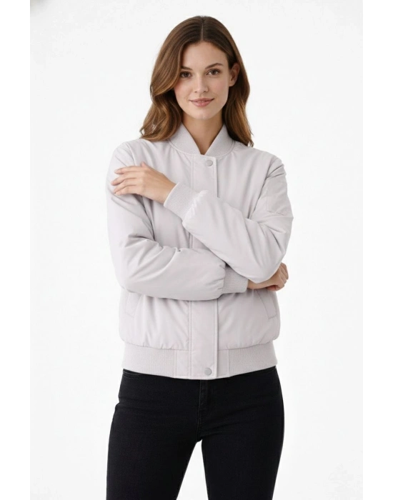 Kadın Premium Bomber Ceket Çıtçıt Kapamalı, Astarlı, Regular Fit Mont - Beyaz