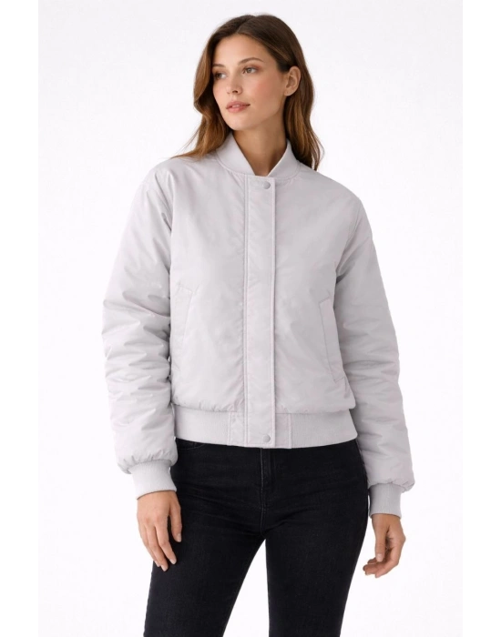 Kadın Premium Bomber Ceket Çıtçıt Kapamalı, Astarlı, Regular Fit Mont - Beyaz