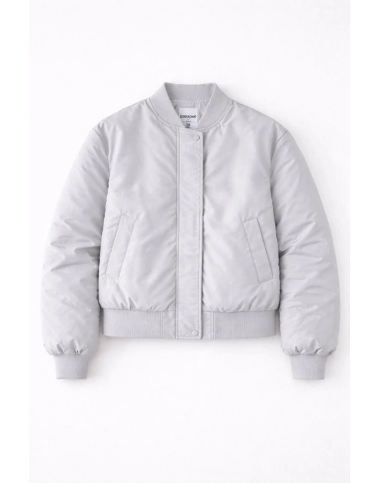 Kadın Premium Bomber Ceket Çıtçıt Kapamalı, Astarlı, Regular Fit Mont - Beyaz