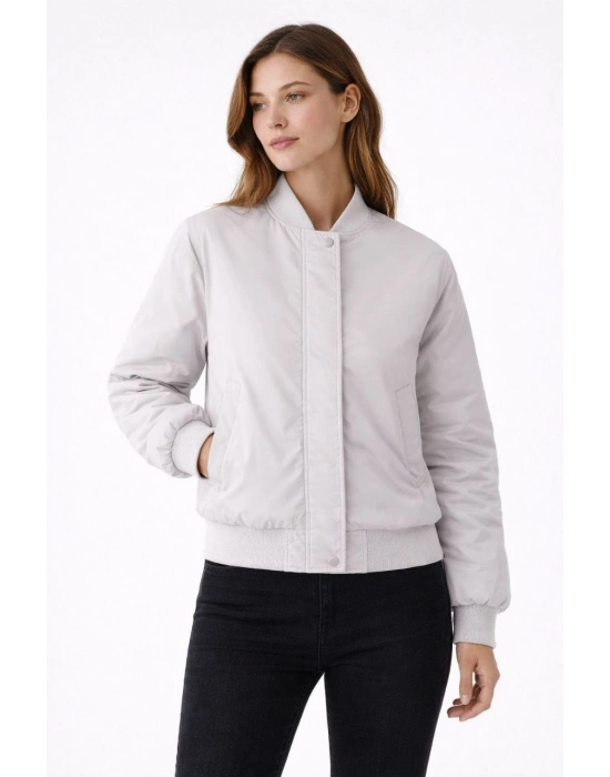 Kadın Premium Bomber Ceket Çıtçıt Kapamalı, Astarlı, Regular Fit Mont - Beyaz