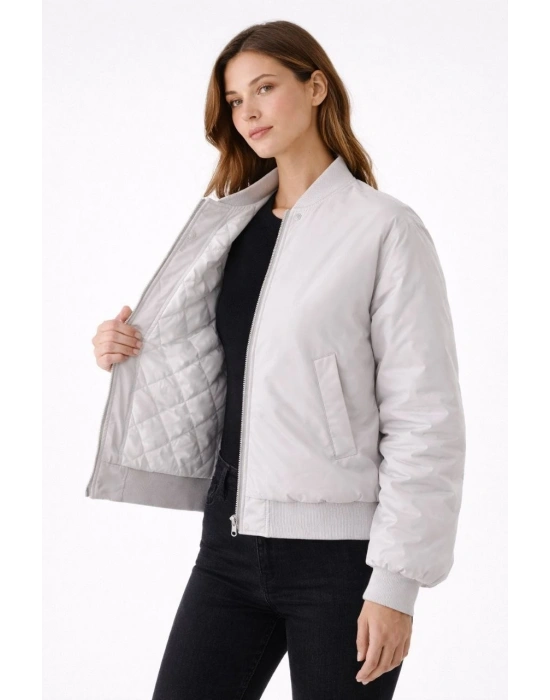 Kadın Premium Bomber Ceket Çıtçıt Kapamalı, Astarlı, Regular Fit Mont - Beyaz