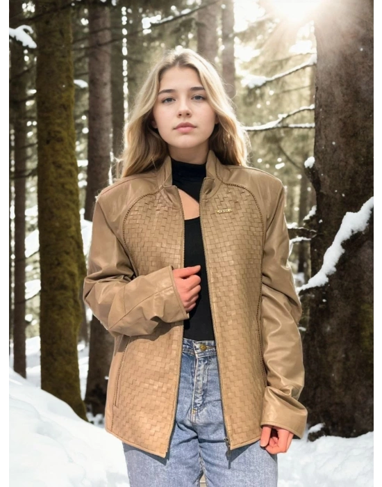 Kadın Premium Doğal Fileli Deri Ceket - Krem