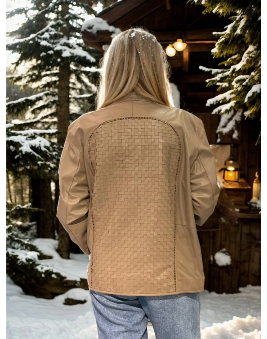Kadın Premium Doğal Fileli Deri Ceket - Krem
