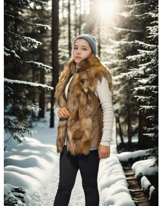 Kadın Premium Doğal Kolsuz Deri Kürk - Kahve