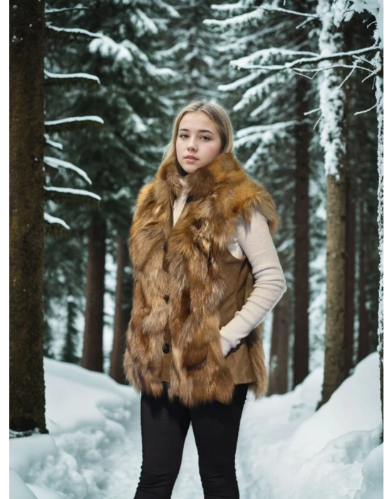 Kadın Premium Doğal Kolsuz Deri Kürk - Kahve