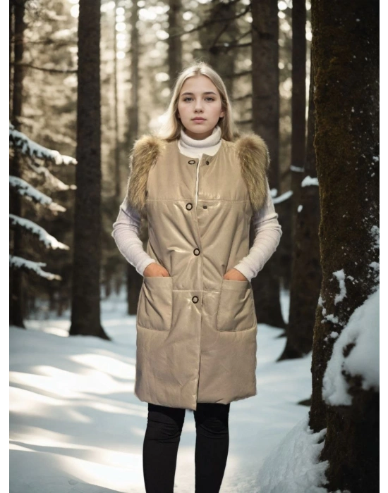 Kadın Premium Doğal Kolsuz Deri Kürk - Krem