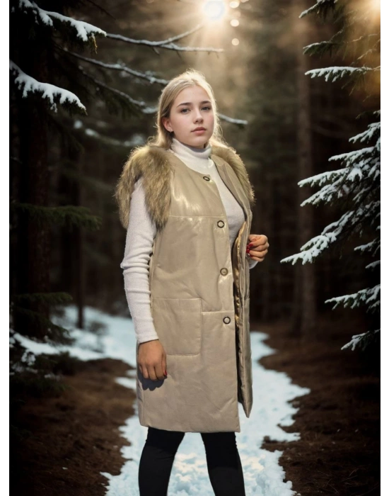 Kadın Premium Doğal Kolsuz Deri Kürk - Krem