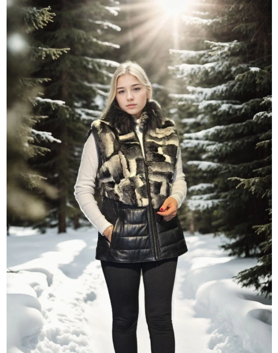 Kadın Premium Doğal Kolsuz Deri Kürk - Siyah