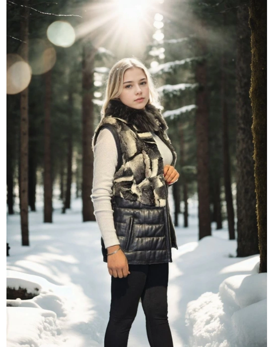 Kadın Premium Doğal Kolsuz Deri Kürk - Siyah