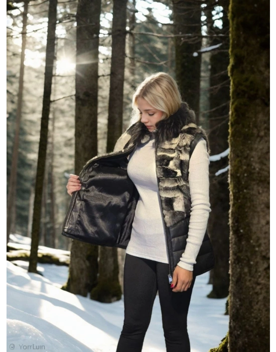 Kadın Premium Doğal Kolsuz Deri Kürk - Siyah