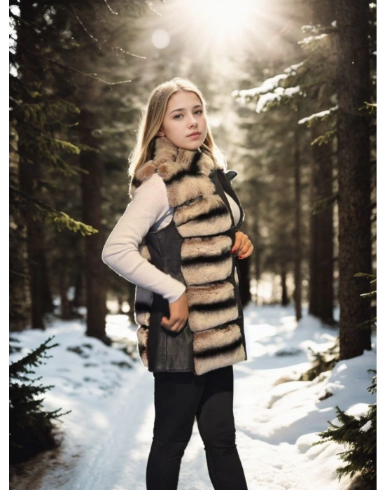 Kadın Premium Doğal Kolsuz Deri Kürk - Siyah