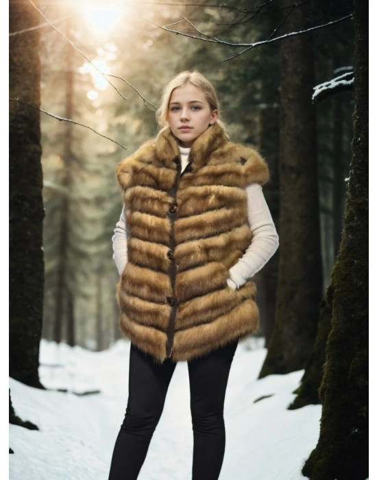 Kadın Premium Doğal Kolsuz Kürk - Kahve