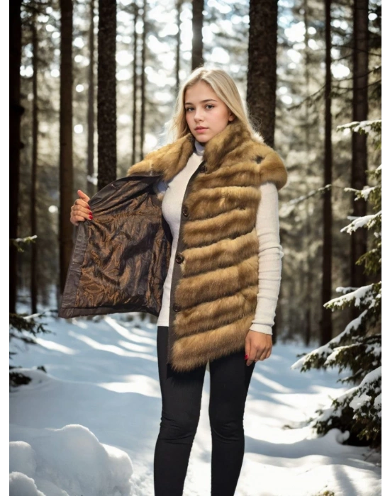 Kadın Premium Doğal Kolsuz Kürk - Kahve