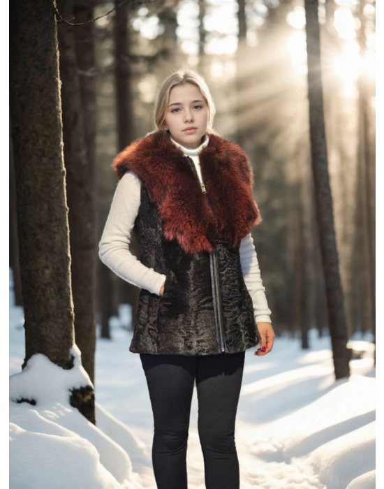 Kadın Premium Doğal Kolsuz Kürk - Siyah