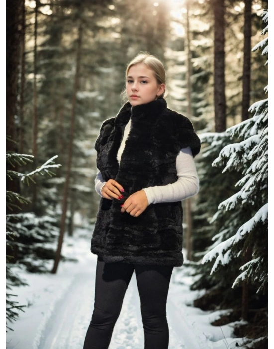 Kadın Premium Doğal Kolsuz Kürk - Siyah