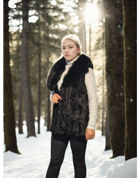 Kadın Premium Doğal Kolsuz Kürk - Siyah