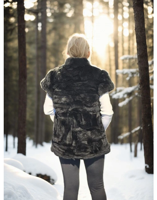 Kadın Premium Doğal Kolsuz Kürk - Siyah