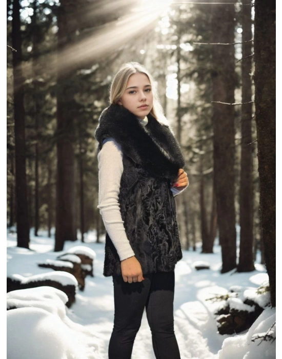 Kadın Premium Doğal Kolsuz Kürk - Siyah