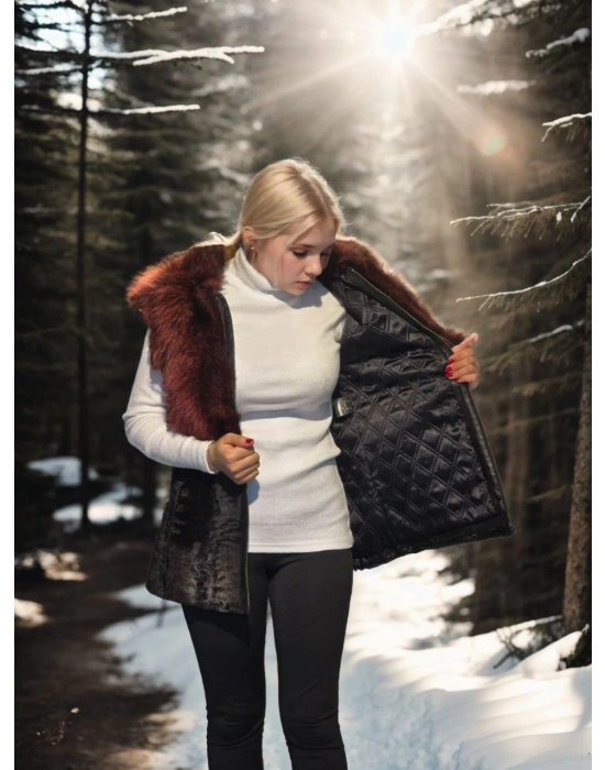 Kadın Premium Doğal Kolsuz Kürk - Siyah