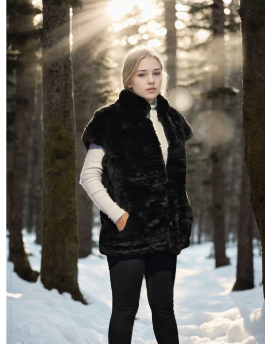 Kadın Premium Doğal Kolsuz Kürk - Siyah