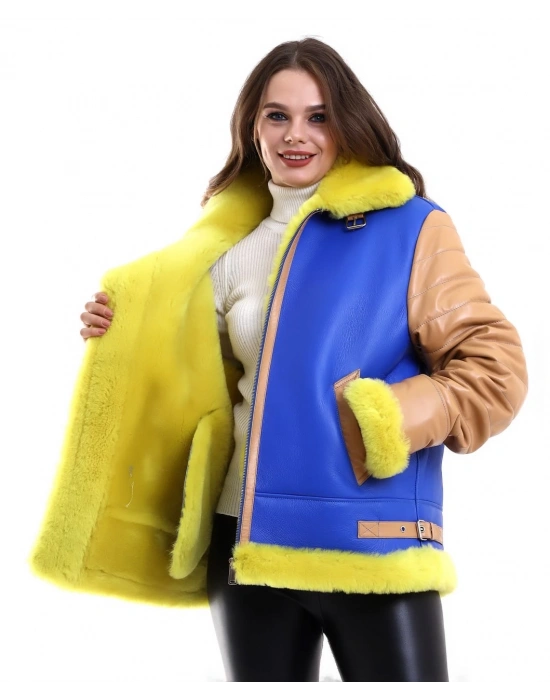 Kadın Premium Doğal Koyun Derisi Pilot Kürk - Sarı