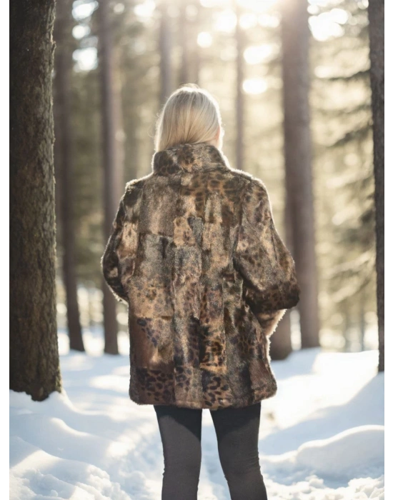 Kadın Premium Doğal Kürk Deri Ceket - Leopar