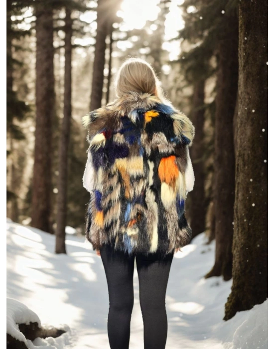 Kadın Premium Doğal Kürk Kolsuz Deri Ceket - Siyah