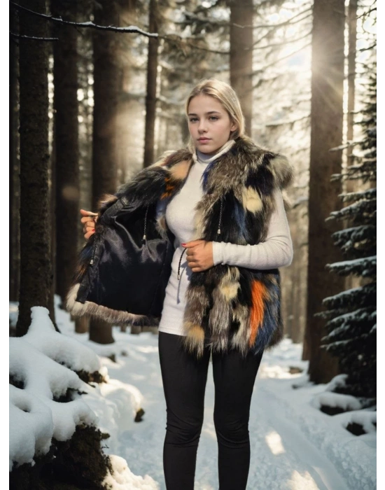 Kadın Premium Doğal Kürk Kolsuz Deri Ceket - Siyah