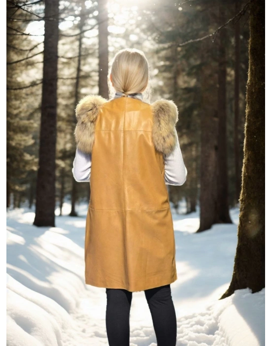 Kadın Premium Doğal Kürk Kolsuz Deri - Hardal