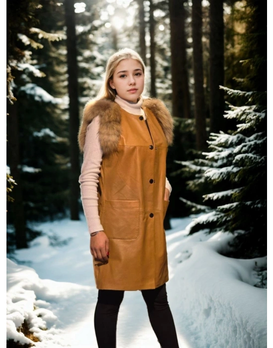 Kadın Premium Doğal Kürk Kolsuz Deri - Hardal