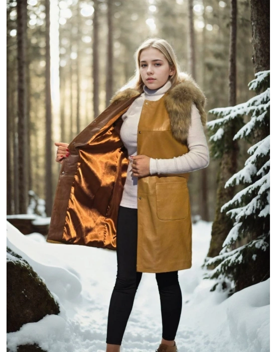 Kadın Premium Doğal Kürk Kolsuz Deri - Hardal