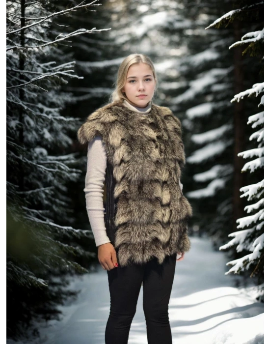 Kadın Premium Doğal Kürk Kolsuz Deri - Siyah